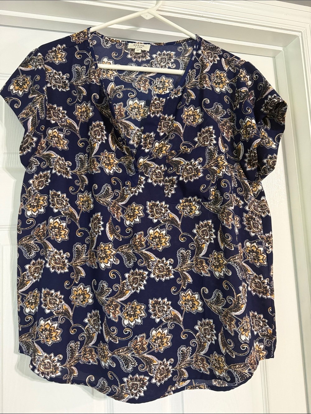MARINA LUNA Navy Floral Paisley Short Sleeve Blouse with Cream and Gold Accents